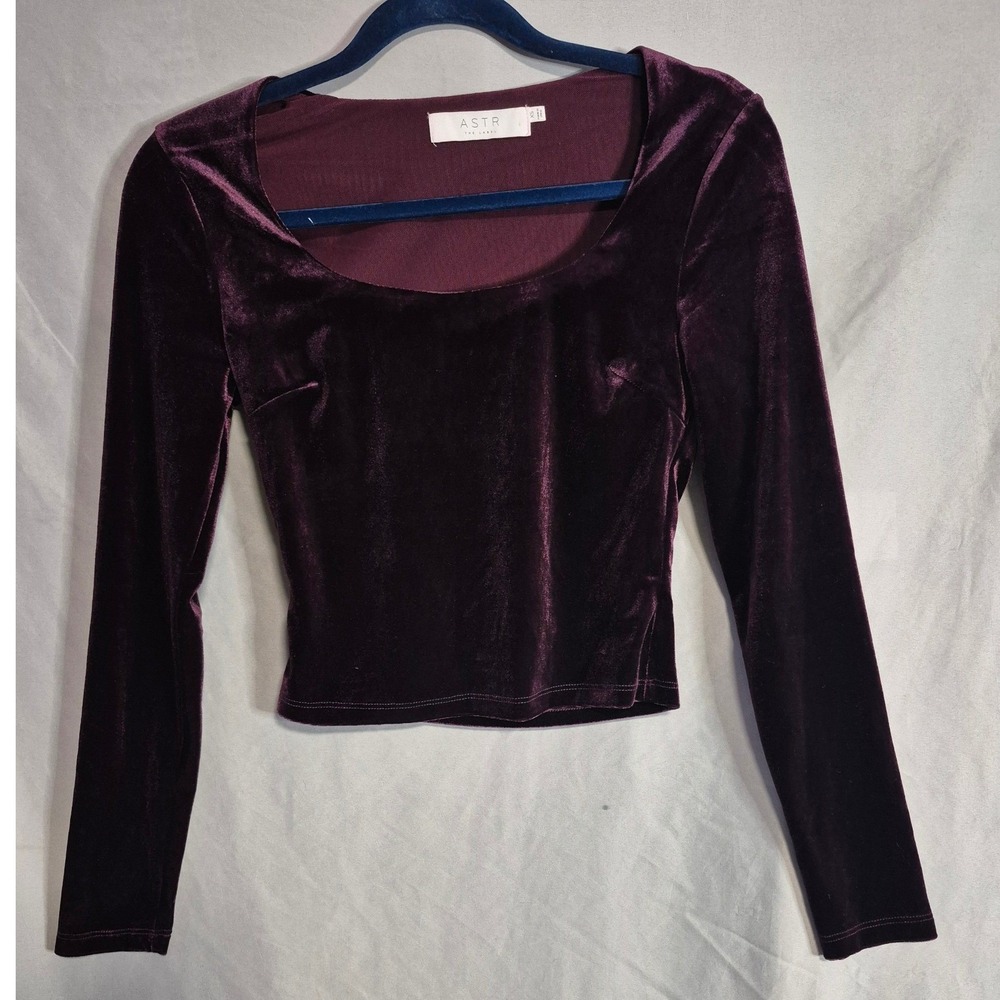 ASTR The Label Velvet Long Sleeve Top Plum Purple Cropped Square Neck XS
